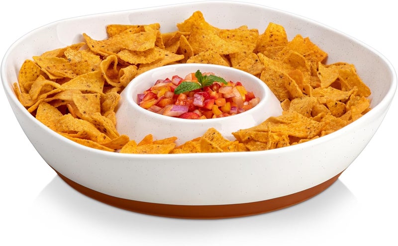 MALACASA Ceramic Chips and Dip Serving Tray, 12 Inch Large Divided Bowls Set for Salsa, Veggies & Dip, Appetizers, Snacks, Free-Form Serving Dish Platter for Parties Hosting & Entertaining, White - Image 1
